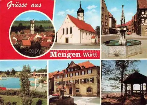 AK / Ansichtskarte Mengen  Wuerttemberg Ortsansicht mit Kirche Stadtzentrum Brunnen Freibad