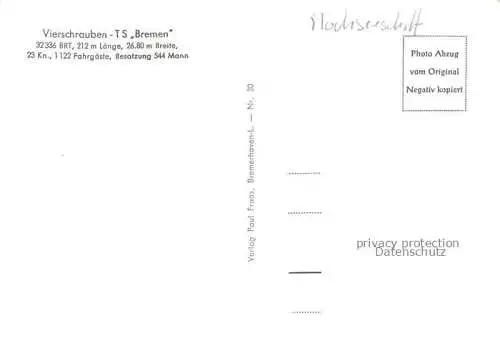 AK / Ansichtskarte Dampfer Oceanliner TS Bremen Vierschrauben 