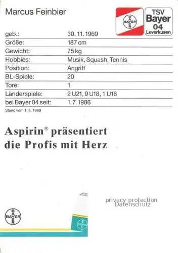 AK / Ansichtskarte Fussball Soccer Football-- Marcus Feinbier TSV Bayer 04 Leverkusen Autogramm