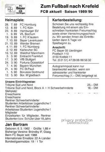 AK / Ansichtskarte Fussball Soccer Football-- Jan Bartram FC Bayer 05 Uerdingen Autogramm