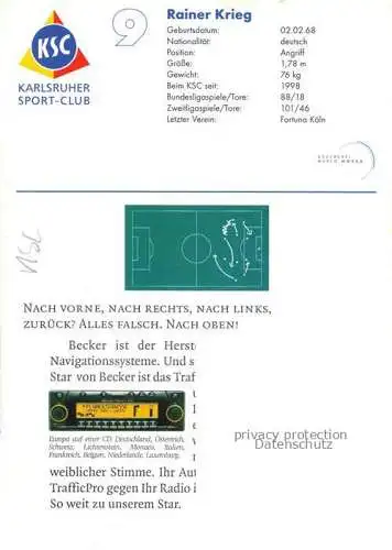 AK / Ansichtskarte Fussball Soccer Football-- Rainer Krieg KSC Autogramm