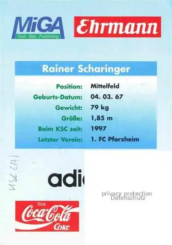 AK / Ansichtskarte Fussball Soccer Football-- Rainer Scharinger KSC Autogramm