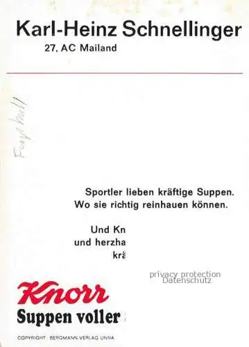 Fussball Soccer Football-- Karl Heinz Schnellinger AC Mailand 