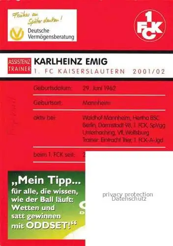 Fussball Soccer Football-- Karlheinz Emig FC Kaiserslautern