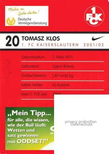 Fussball Soccer Football-- Tomasz Klos FC Kaiserslautern