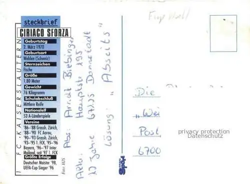Fussball Soccer Football-- Ciriaco Sforza FC Kaiserslautern Autogramm