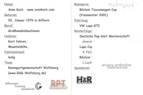Motorsport Racing Sven Koch VW Autogramm