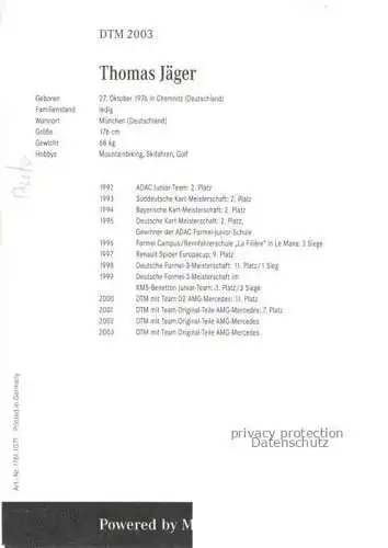 Motorsport Racing Thomas Jaeger DTM Mercedes Benz Autogramm