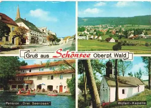 AK / Ansichtskarte Schoensee Oberpfalz Ortspartie Pension Drei Seerosen Panorama Woferl Kapelle