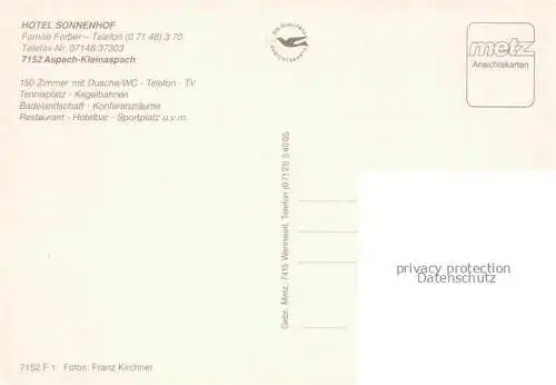AK / Ansichtskarte Kleinaspach Aspach BW Hotel Sonnenhof Gastraeume Kutschfahrt Kegelbahn Waldpartie