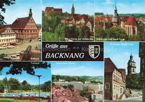 AK / Ansichtskarte Backnang BW Rathaus Murrpartie mit Stiftskirche Stadtturm Schwimmbad Telefunkenwerke Michaels Stadtturm