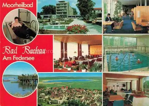 AK / Ansichtskarte Bad Buchau Federsee Biberach BW Moorheilbad Kurhaus Restaurant Hallenbad Federsee Steg Luftaufnahme