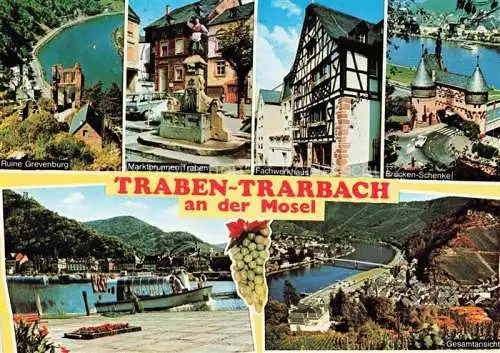 AK / Ansichtskarte Traben-Trarbach Mosel Ruine Grevenburg Marktbrunnen Fachwerkhaus Bruecken-Schenkel Gesamtansicht