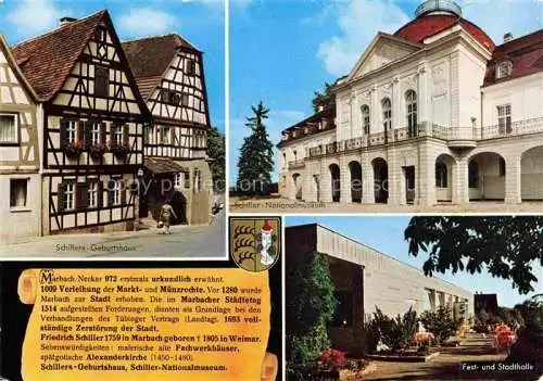 AK / Ansichtskarte Marbach  Neckar Friedrich Schiller Geburtshaus Nationalmuseum Fest und Stadthalle