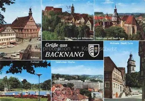 AK / Ansichtskarte Backnang BW Rathaus Murrpartie mit Stiftskirche Stadtturm Schwimmbad Telefunkenwerke Michaels Stadtturm