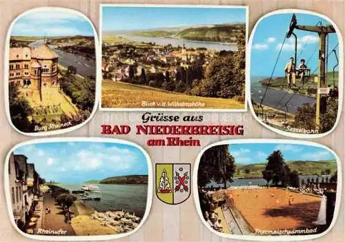 AK / Ansichtskarte Bad Niederbreisig Panorama Blick von der Wilhelmshoehe Burg Rheineck Sesselbahn Rheinufer Thermalschwimmbad