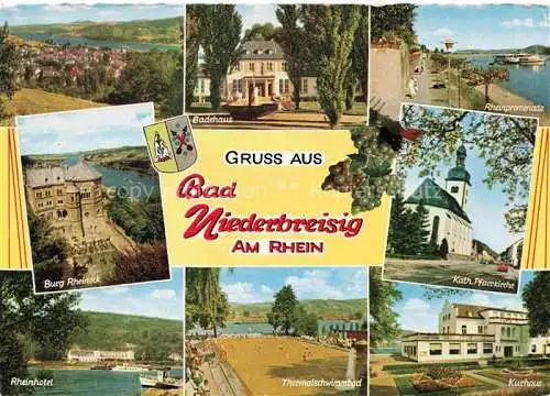 AK / Ansichtskarte Bad Niederbreisig Panorama Badehaus Rheinpromenade Burg Rheineck Kirche Rheinhotel Thermalschwimmbad Kurhaus