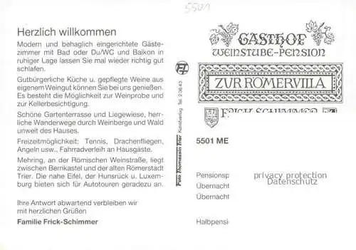 AK / Ansichtskarte Mehring Mosel Gasthof Weinstube Pension zur Roemervilla Gastraum Fremdenzimmer