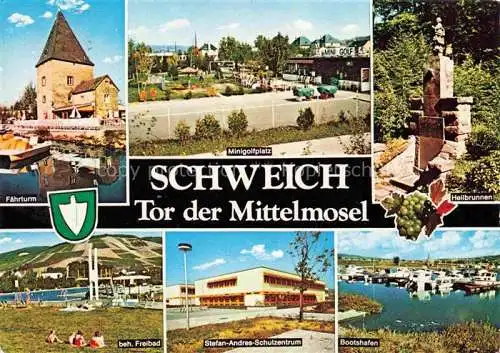 AK / Ansichtskarte Schweich Mosel Minigolfplatz Faehrturm Heilbrunnen Freibad Schulzentrum Bootshafen