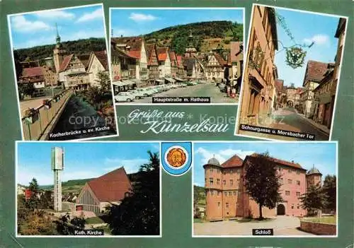 AK / Ansichtskarte Kuenzelsau Kocherbruecke Kirche Hauptstrasse Rathaus Schnurgasse Morsbacher Tor Schloss