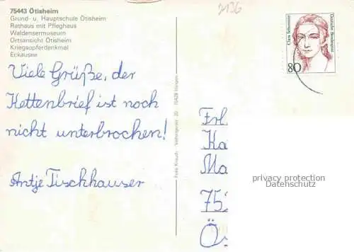 AK / Ansichtskarte oetisheim Enzkreis BW Teilansichten Schule Rathaus Pfleghaus Waldensermuseum Kriegsopferdenkmal Eckausee