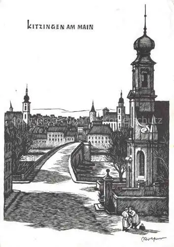AK / Ansichtskarte Kitzingen Main Blick ueber die Alte Mainbruecke auf die Stadt Holzschnitt