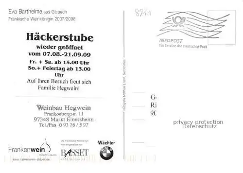 AK / Ansichtskarte Markt Einersheim Eva Barthelme Fraenkische Weinkoenigin