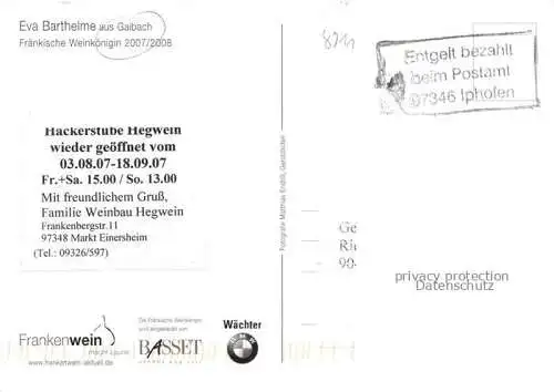 AK / Ansichtskarte Markt Einersheim Eva Barthelme Fraenkische Weinkoenigin