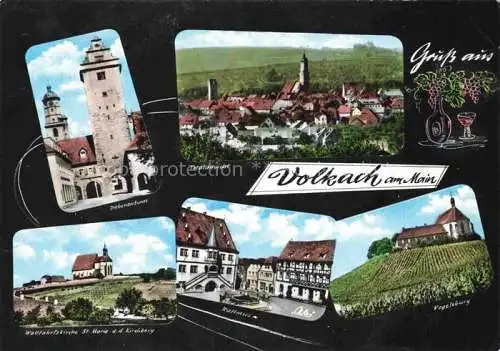 AK / Ansichtskarte Volkach Diebenenturm Wallfahrtskirche St Maria auf dem Kirchberg Panorama Rathaus Brunnen Vogelsburg