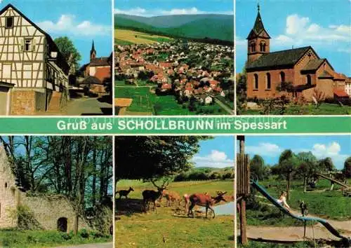 AK / Ansichtskarte Schollbrunn Spessart Bayern Gaststaette Nickelsmuehle Panorama Kirche Ruine Wildpark Spielplatz