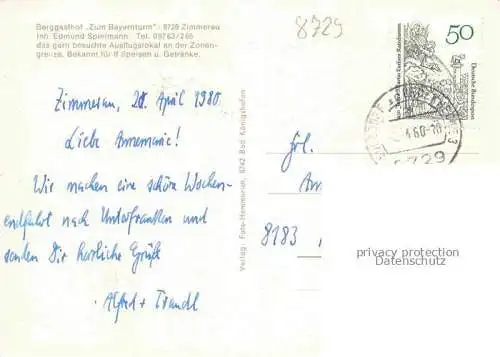 AK / Ansichtskarte Zimmerau Rhoen-Grabfeld Berggasthof zum Bayernturm Gastraeume Zimmer