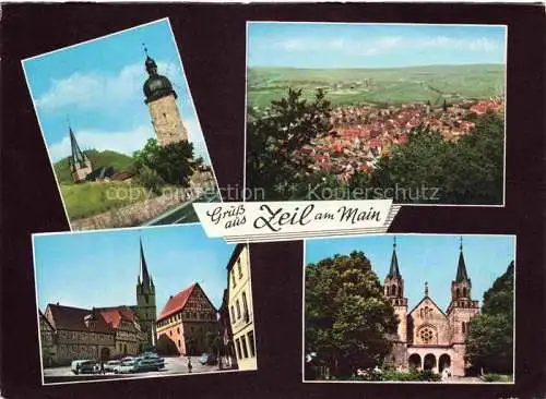 AK / Ansichtskarte Zeil Main Hassberge Bayern Turm Panorama Marktplatz Schlosskirche