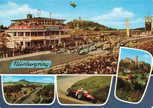 AK / Ansichtskarte Nuerburgring Autorennstrecke Eifel Blick auf Start und Ziel mit Hoher Acht Rennstrecke Rennauto Nuerburg