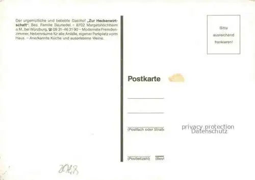 AK / Ansichtskarte Margetshoechheim Wuerzburg Bayern Gasthof Zur Heckenwirtschaft Gastraum Zimmer Seepanorama