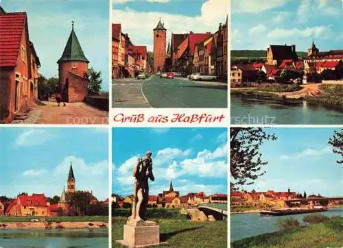 AK / Ansichtskarte Hassfurt Main Bayern Orts und Teilansichten Turm Mainpartie Denkmal