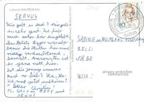 AK / Ansichtskarte Pruem Eifel Rheinland-Pfalz Fliegeraufnahme Kirche Brunnen Park Teilansichten