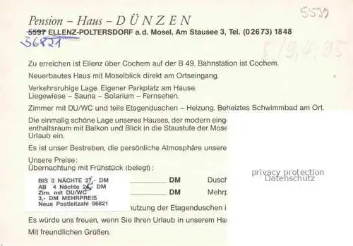 AK / Ansichtskarte Ellenz-Poltersdorf Mosel Panorama PensionHaus Duenzen Gastraum