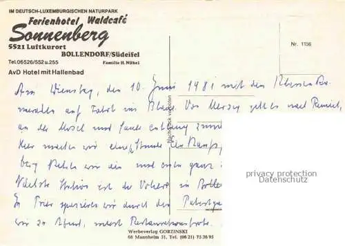 AK / Ansichtskarte Bollendorf  Suedeifel Eifelkreis Bitburg-Pruem Rheinland-Pfalz Ferienhotel Waldcafe Sonnenberg