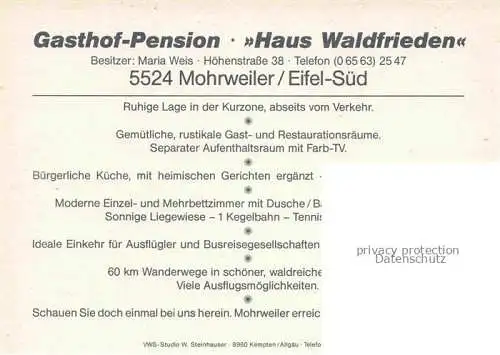 AK / Ansichtskarte Mohrweiler Malberg Eifelkreis Bitburg-Pruem Rheinland-Pfalz Gasthof Waldfrieden Kegelbahn Zimmer Gastraum