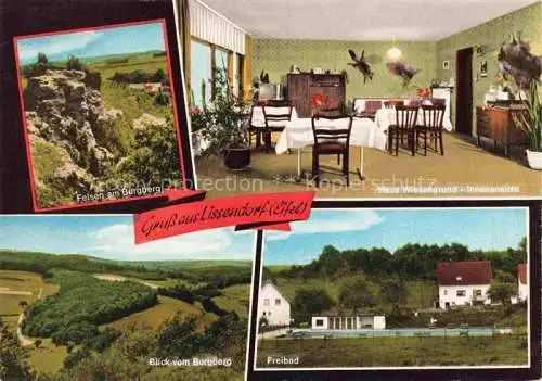 AK / Ansichtskarte Lissendorf Vulkaneifel Rheinland-Pfalz Felsen am Burgberg Haus Wiesengrund Blick vom Burgberg Freibad
