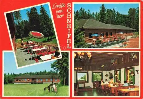 AK / Ansichtskarte Schnee Eifel Blockhaus Restaurant Schwarzer Mann Terrasse Gastraum Pony