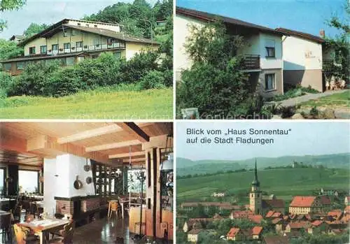 AK / Ansichtskarte Fladungen Café Pension Haus Sonnentau Gastraum Ortsansicht mit Kirche