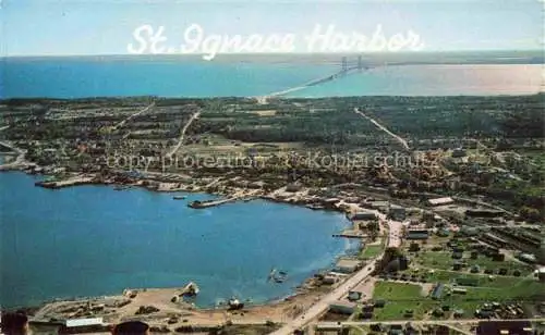 AK / Ansichtskarte St Ignace Michigan USA The Harbor and Mackinac Bridge Air view