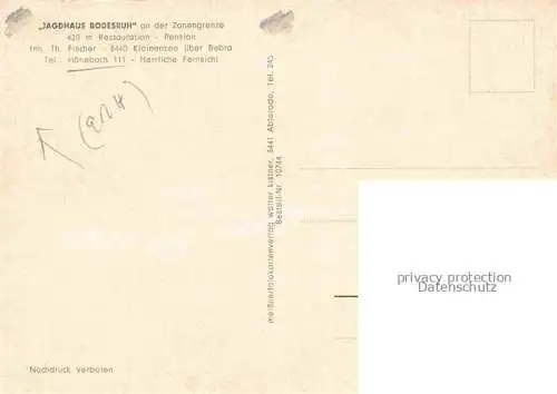 AK / Ansichtskarte Hoenebach Wildeck Hessen Jagdhaus Bodesruh Gastraum Landschaftspanorama Zonengrenze