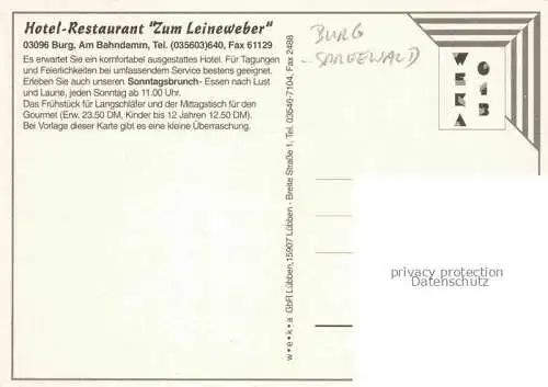 AK / Ansichtskarte Burg Spreewald Brandenburg Hotel Restaurant Zum Leineweber Fruehstueckstafel