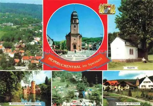 AK / Ansichtskarte Heimbuchenthal Teilansichten Kirche Kapelle Minigolf Partie an der Elsava Wasserschloss Mespelbrunn