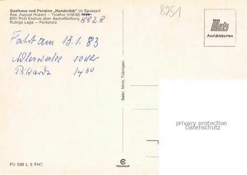 AK / Ansichtskarte Eschau Unterfranken Gasthaus Pension Hundsrueck Gastraum Wildpark