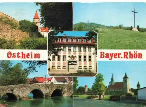 AK / Ansichtskarte Ostheim  Rhoen Teilansichten Stadtmauer Bruecke Rathaus Kirche Kreuz