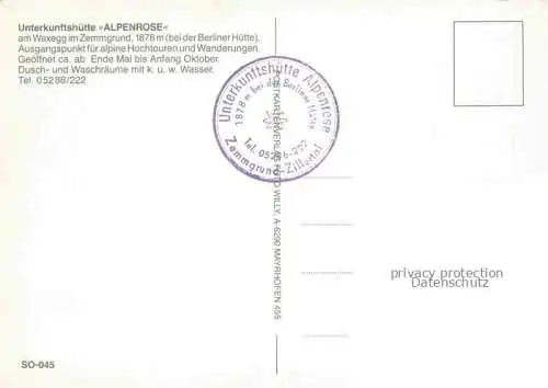 AK / Ansichtskarte Zillertal Tirol AT Panorama Unterkunftshuette Alpenrose im Zemmgrund