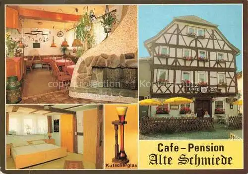 AK / Ansichtskarte Ostheim  Rhoen Café Alte Schmiede Gastraum Fremdenzimmer Kutscherglas Fachwerkhaus
